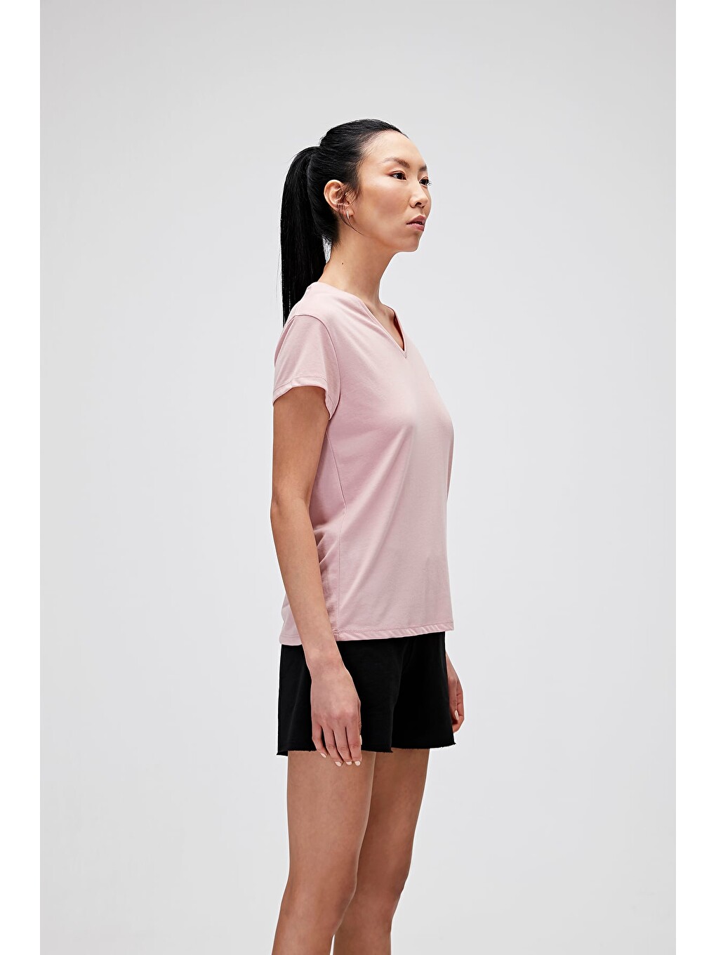 Violet V-neck T-shirt Pudra Pembe Basic Kadın Tişört-1