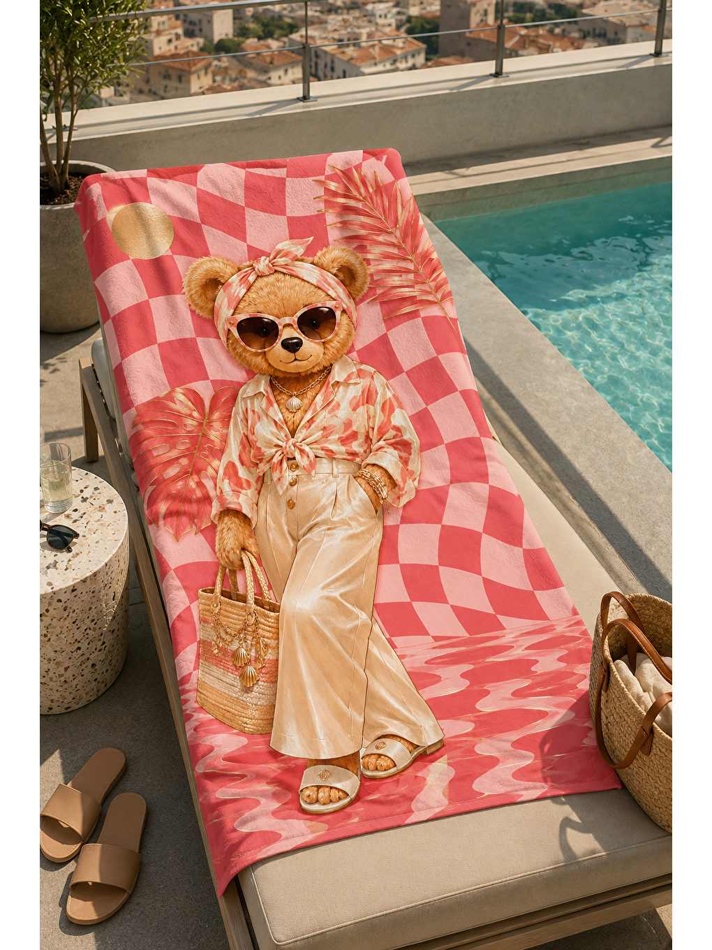 Yeşil Ayıcık Pembe Kareli Yaz Desenli 70x150 Plaj Havlusu-2
