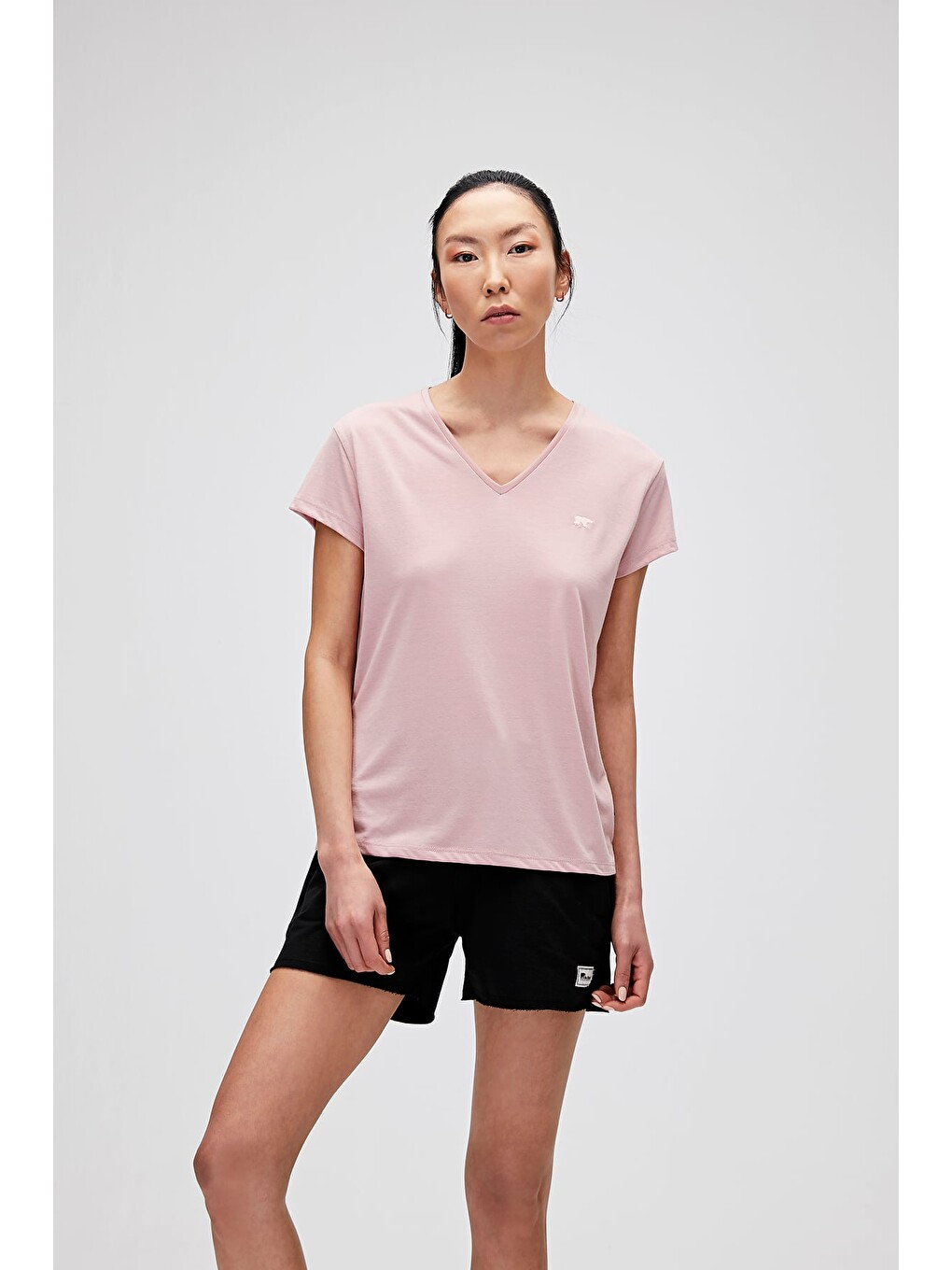 Violet V-neck T-shirt Pudra Pembe Basic Kadın Tişört-3