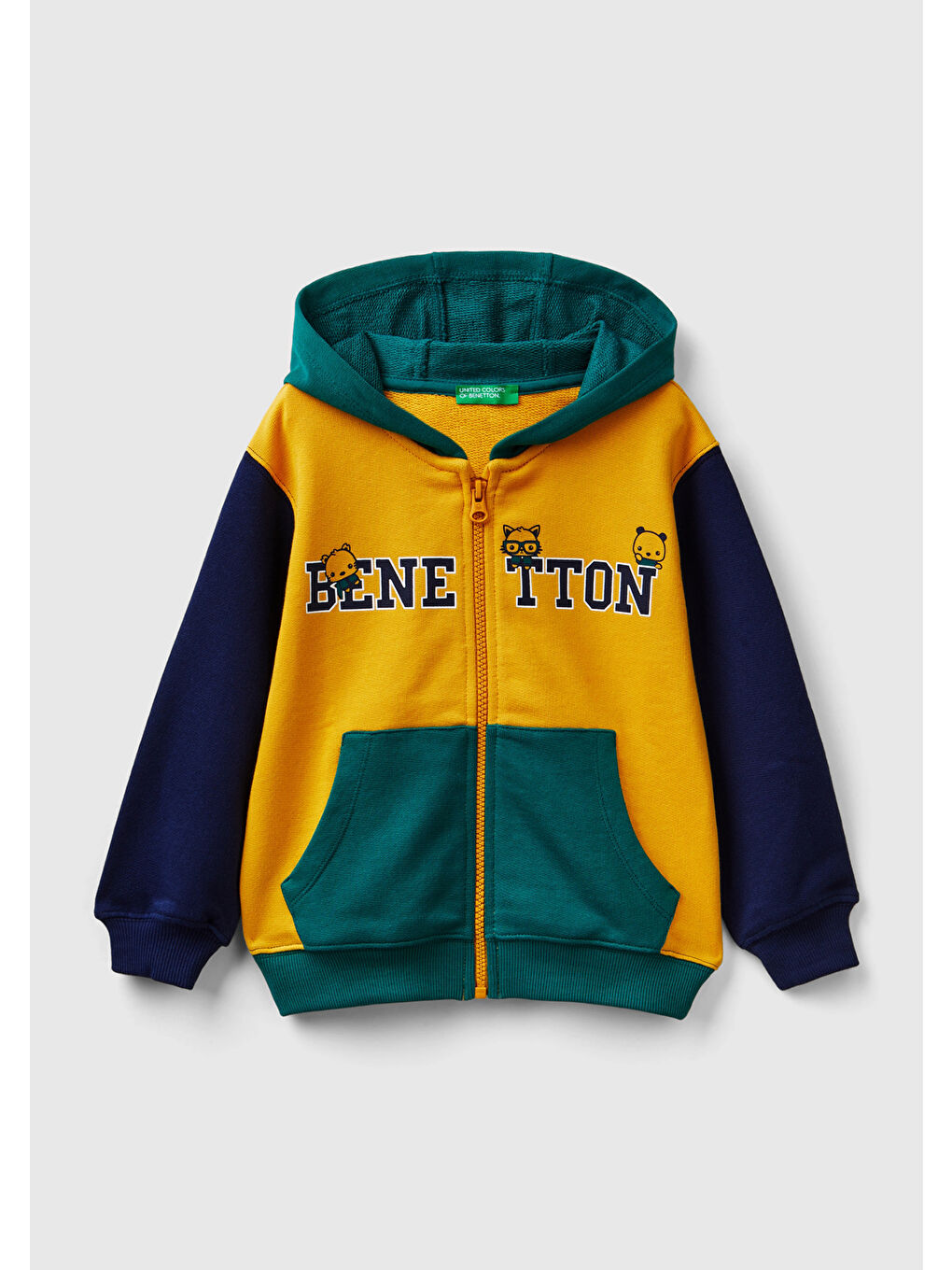 United Colors Of Benetton Erkek Çocuk Sarı Mix Logo Baskılı Kanguru Cepli Fermuarlı Kapüşonlu Sweatshirt