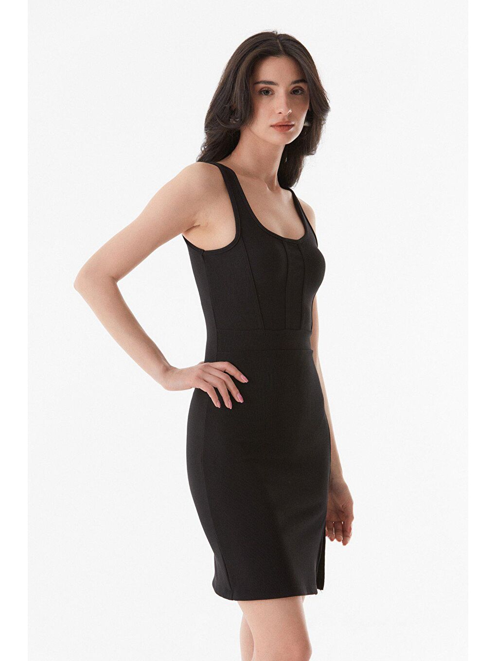 Siyah Basic Fitilli Elbise-2