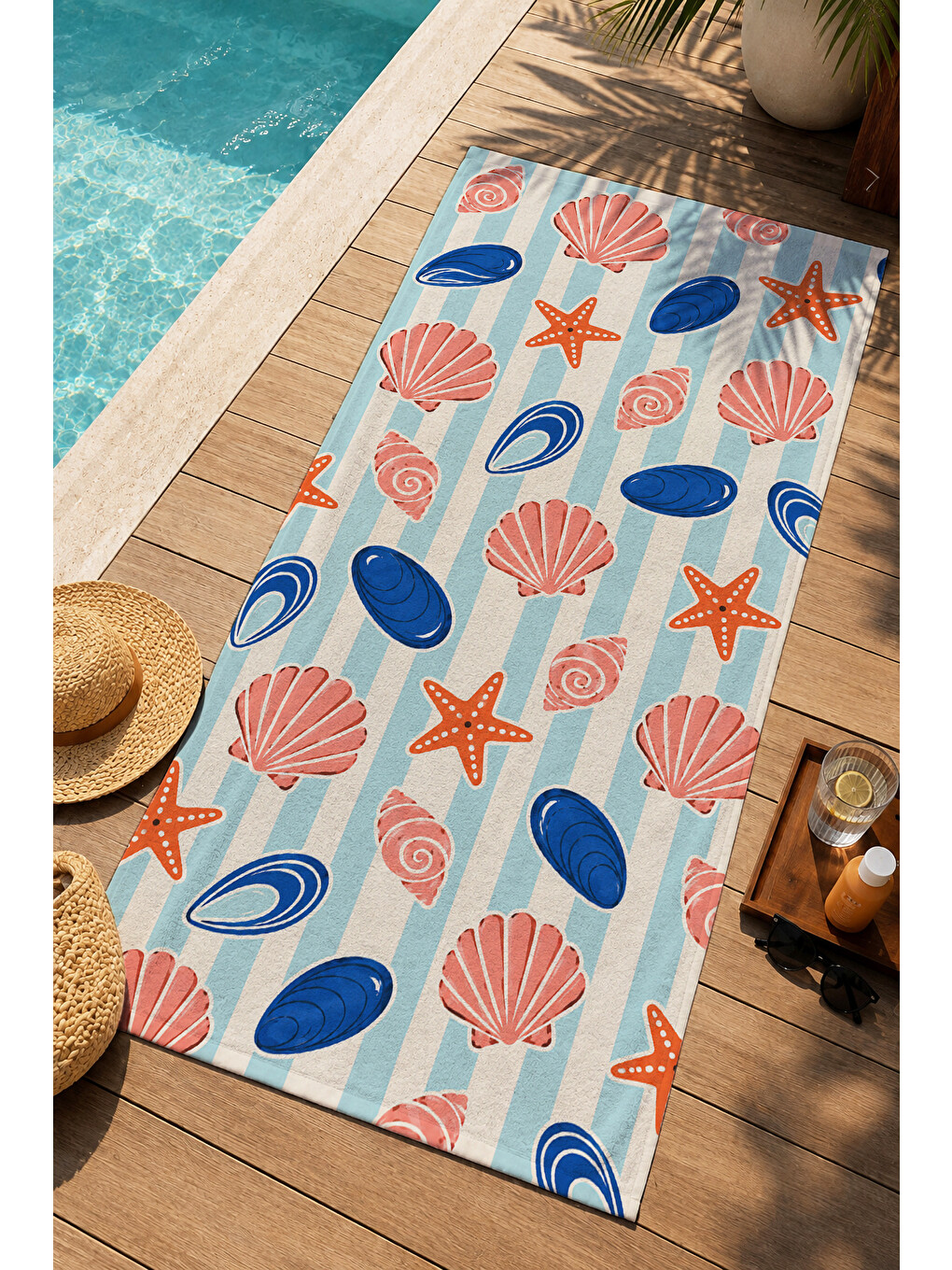 Nautical Deniz Kabuğu Yıldız Ve Mercan Desenli 70x150 Plaj Havlusu - Dijital Baskılı Banyo Havlusu-2