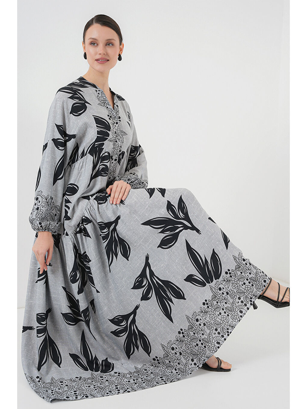 Bej 2423 Otantik Desenli Tesettür Elbise - Taş-1