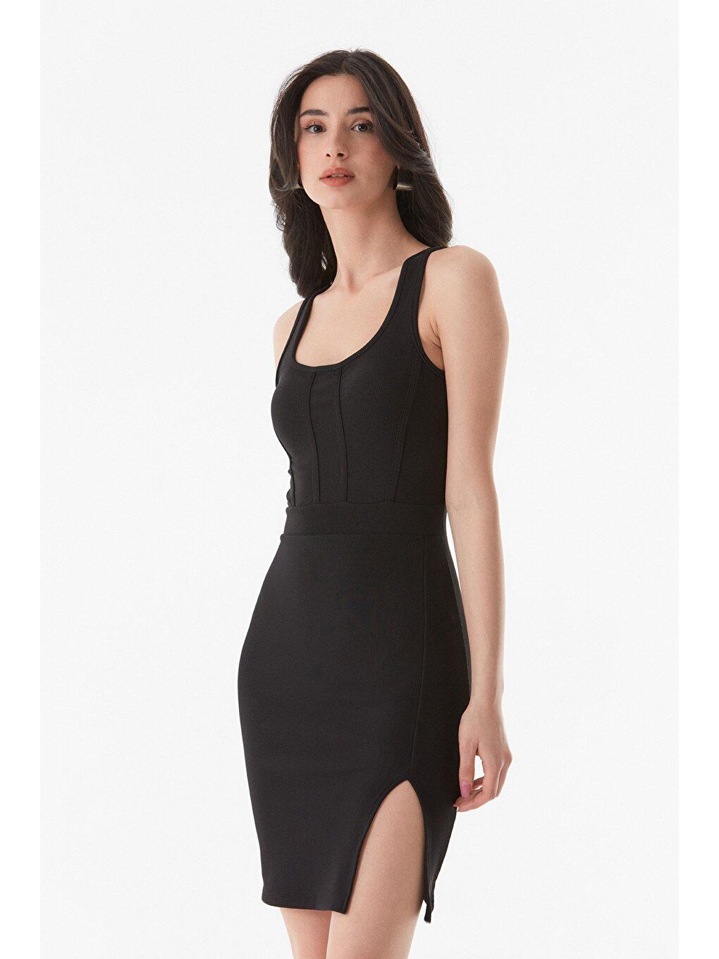 Siyah Basic Fitilli Elbise-3