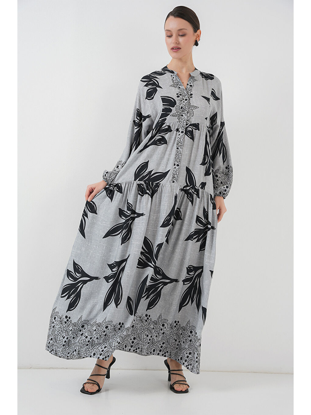 Bej 2423 Otantik Desenli Tesettür Elbise - Taş-2