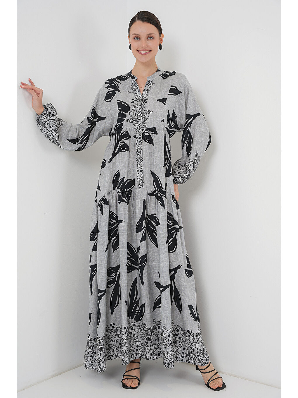 Bej 2423 Otantik Desenli Tesettür Elbise - Taş-3