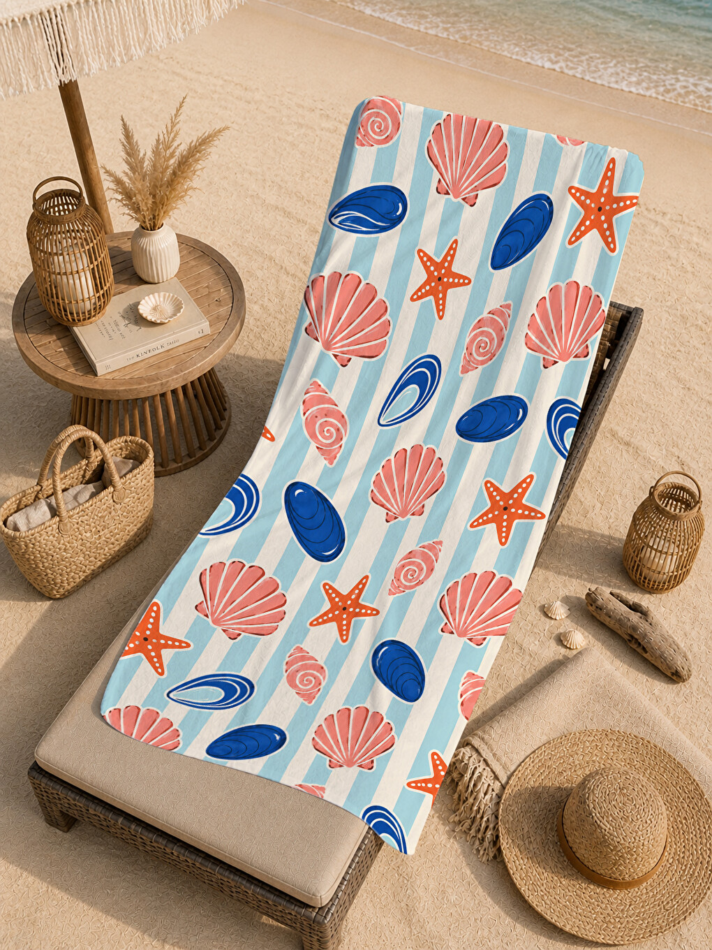 Nautical Deniz Kabuğu Yıldız Ve Mercan Desenli 70x150 Plaj Havlusu - Dijital Baskılı Banyo Havlusu-3