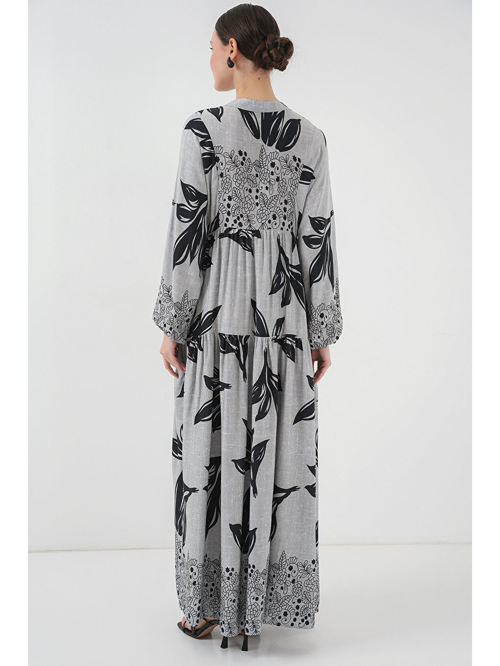 Bej 2423 Otantik Desenli Tesettür Elbise - Taş-5