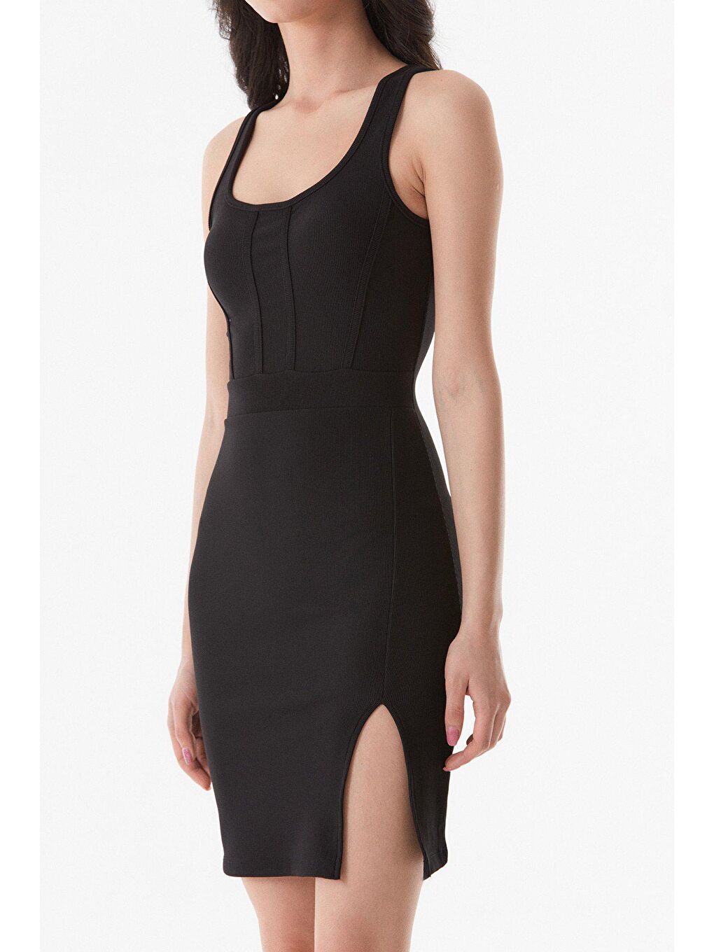 Siyah Basic Fitilli Elbise-4