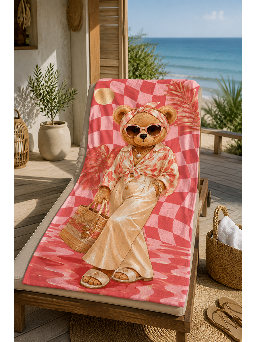 Yeşil Ayıcık Pembe Kareli Yaz Desenli 70x150 Plaj Havlusu-3