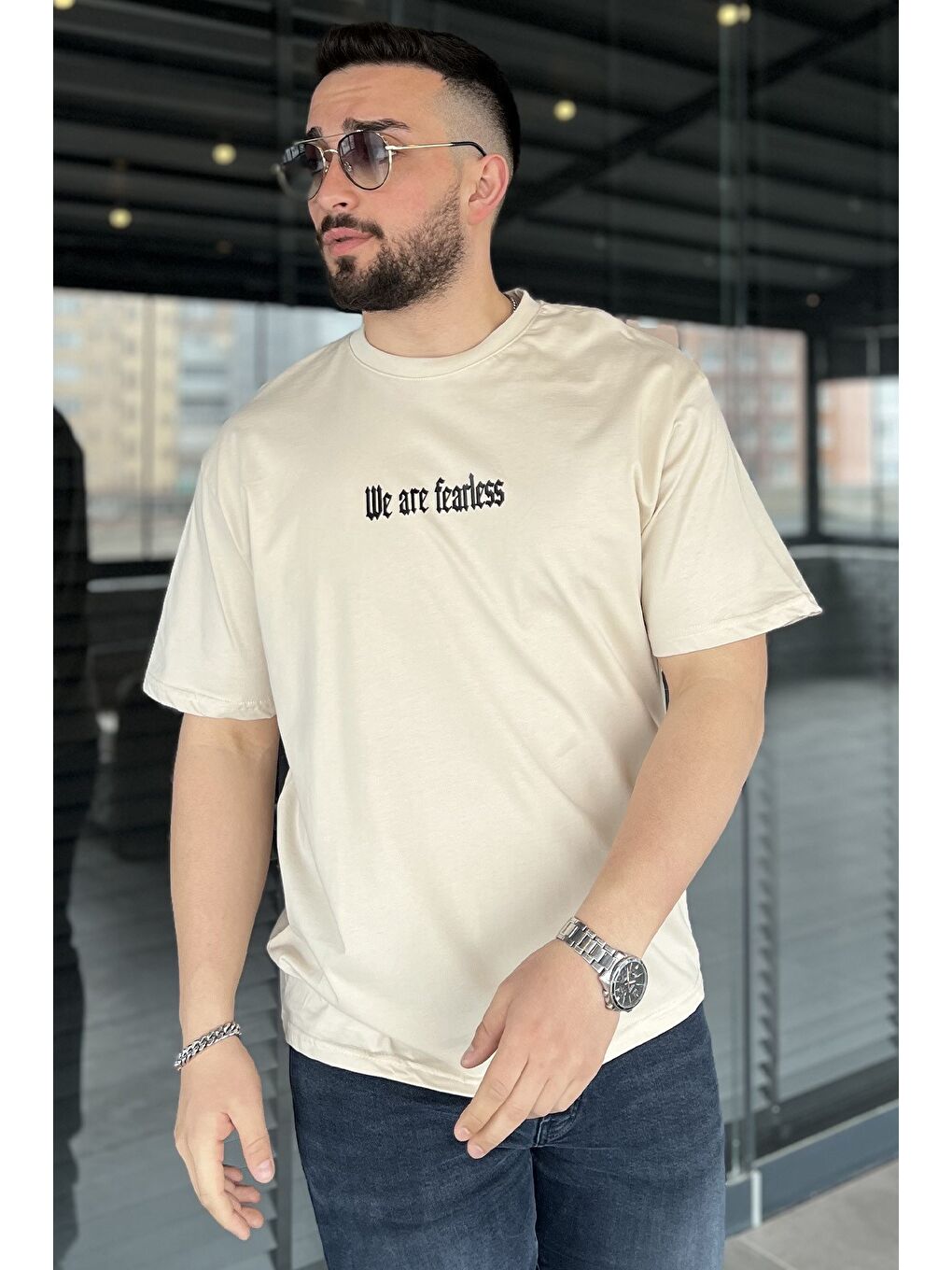 Bej Erkek Silikon Yazı Baskılı Bisiklet Yaka Tişört