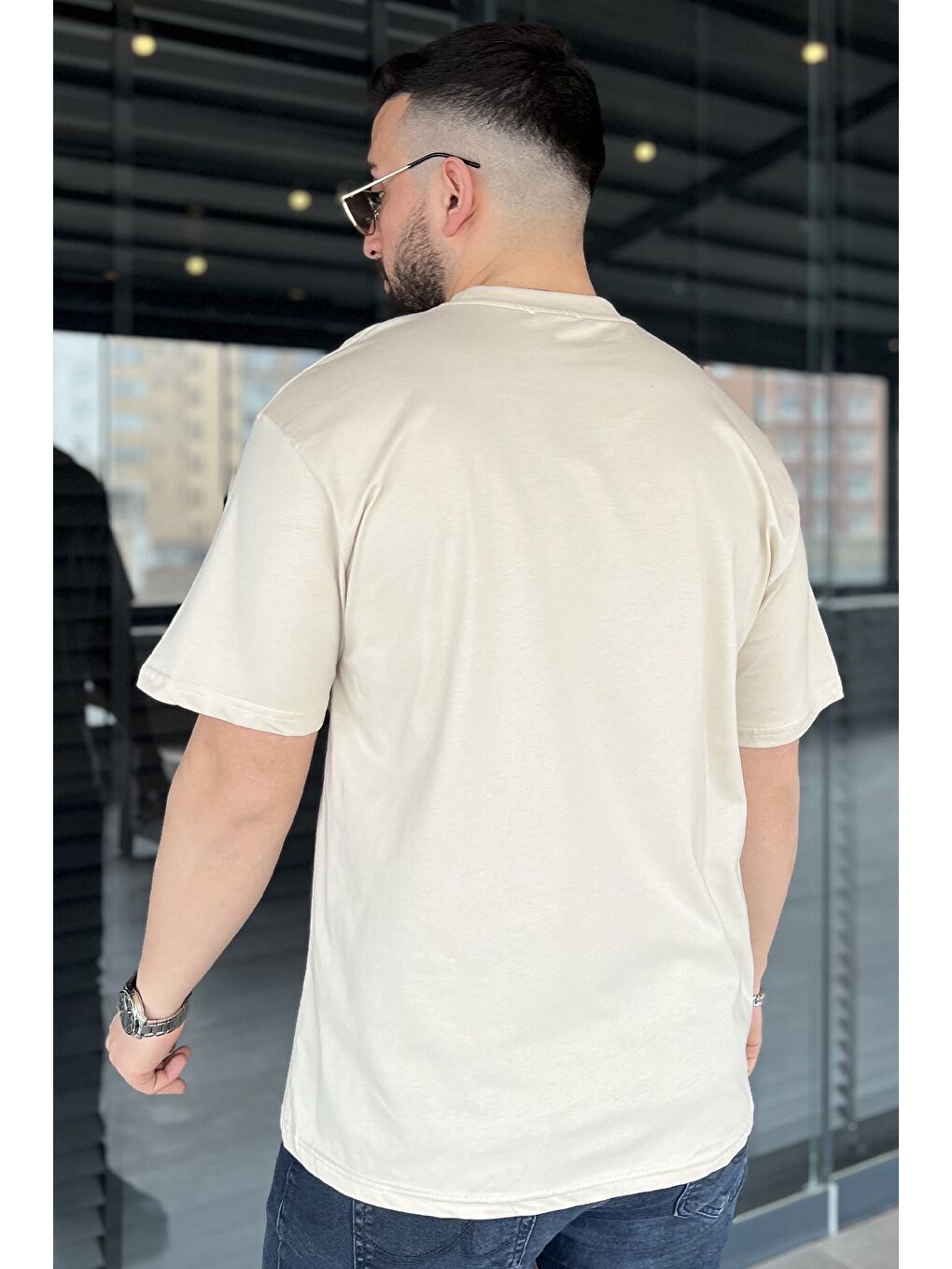 Bej Erkek Silikon Yazı Baskılı Bisiklet Yaka Tişört-2