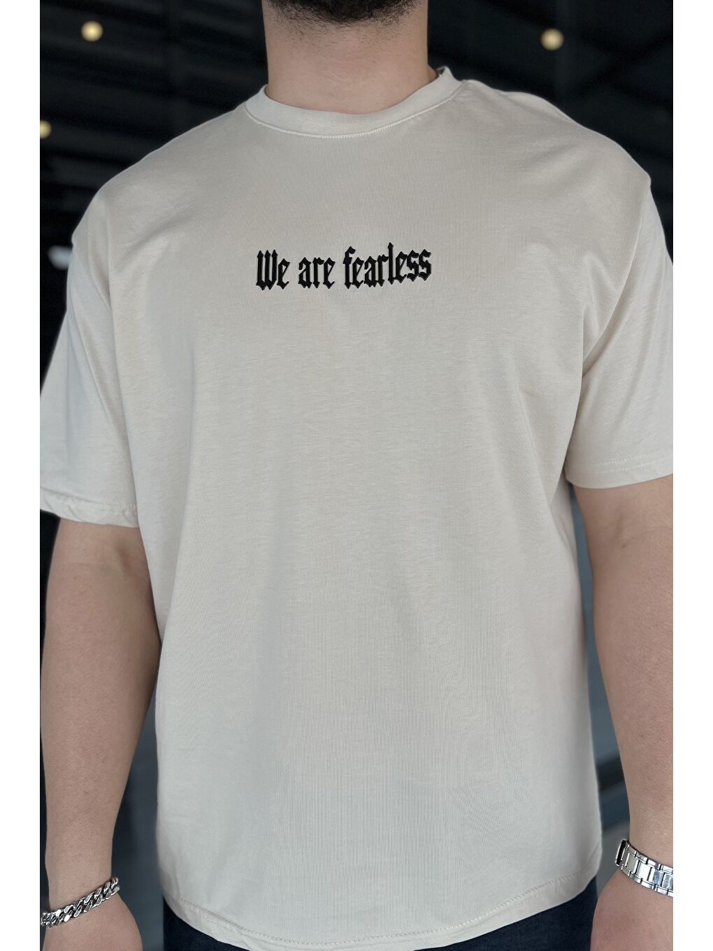 Bej Erkek Silikon Yazı Baskılı Bisiklet Yaka Tişört-3