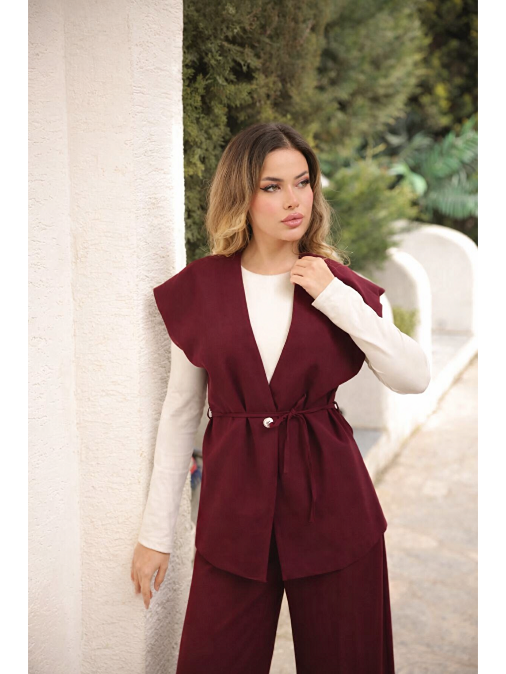Bordo Kadın Uzun Yelek Bol Paça Palazzo Pantolon Yelekli Takım-1
