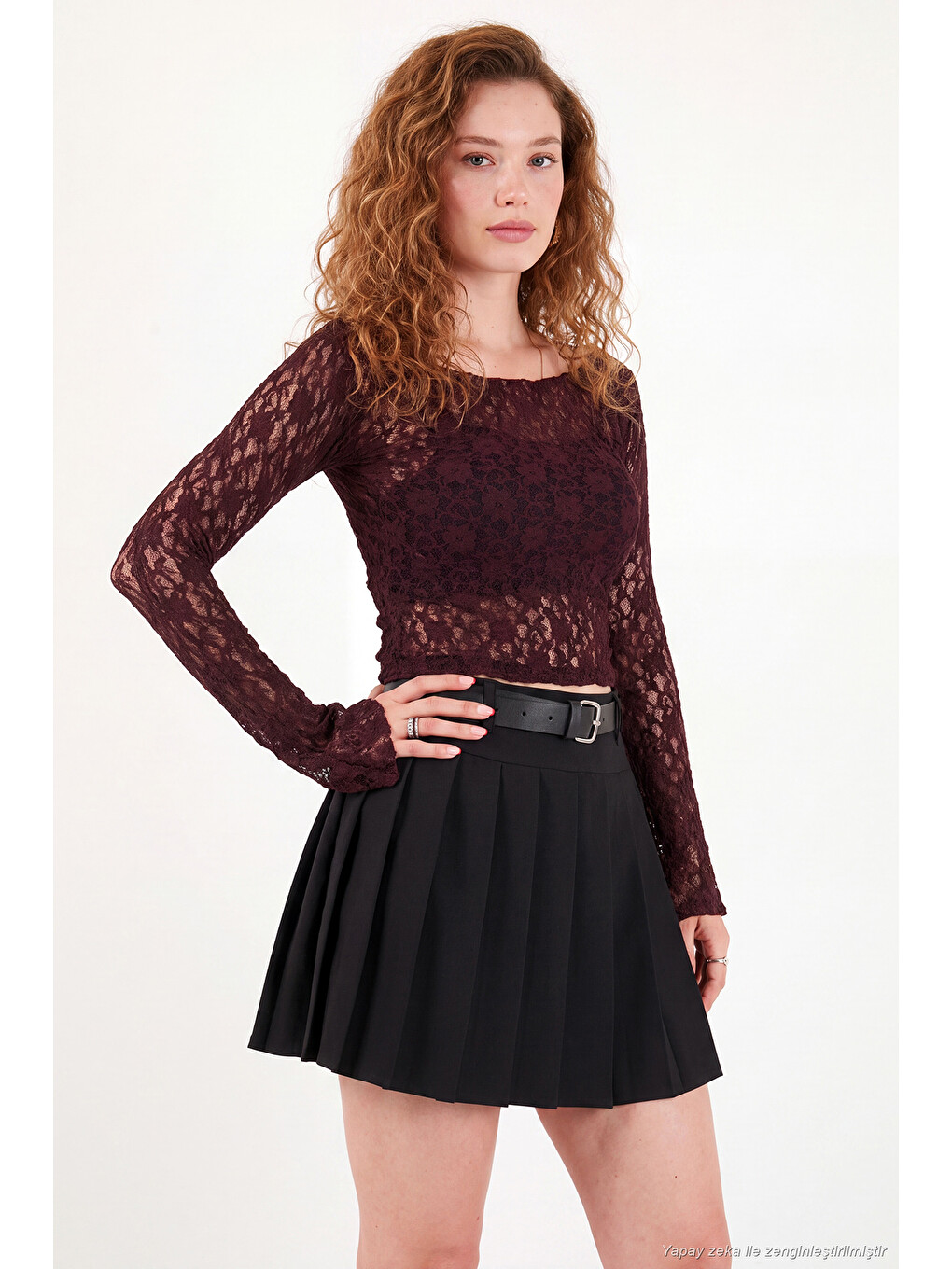 Bordo Çiçek Desen Dantelli Kayık Yaka Kadın Bluz 5867118-2