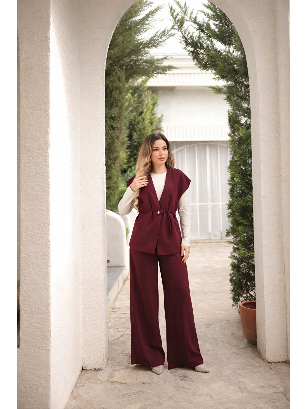 Bordo Kadın Uzun Yelek Bol Paça Palazzo Pantolon Yelekli Takım-2
