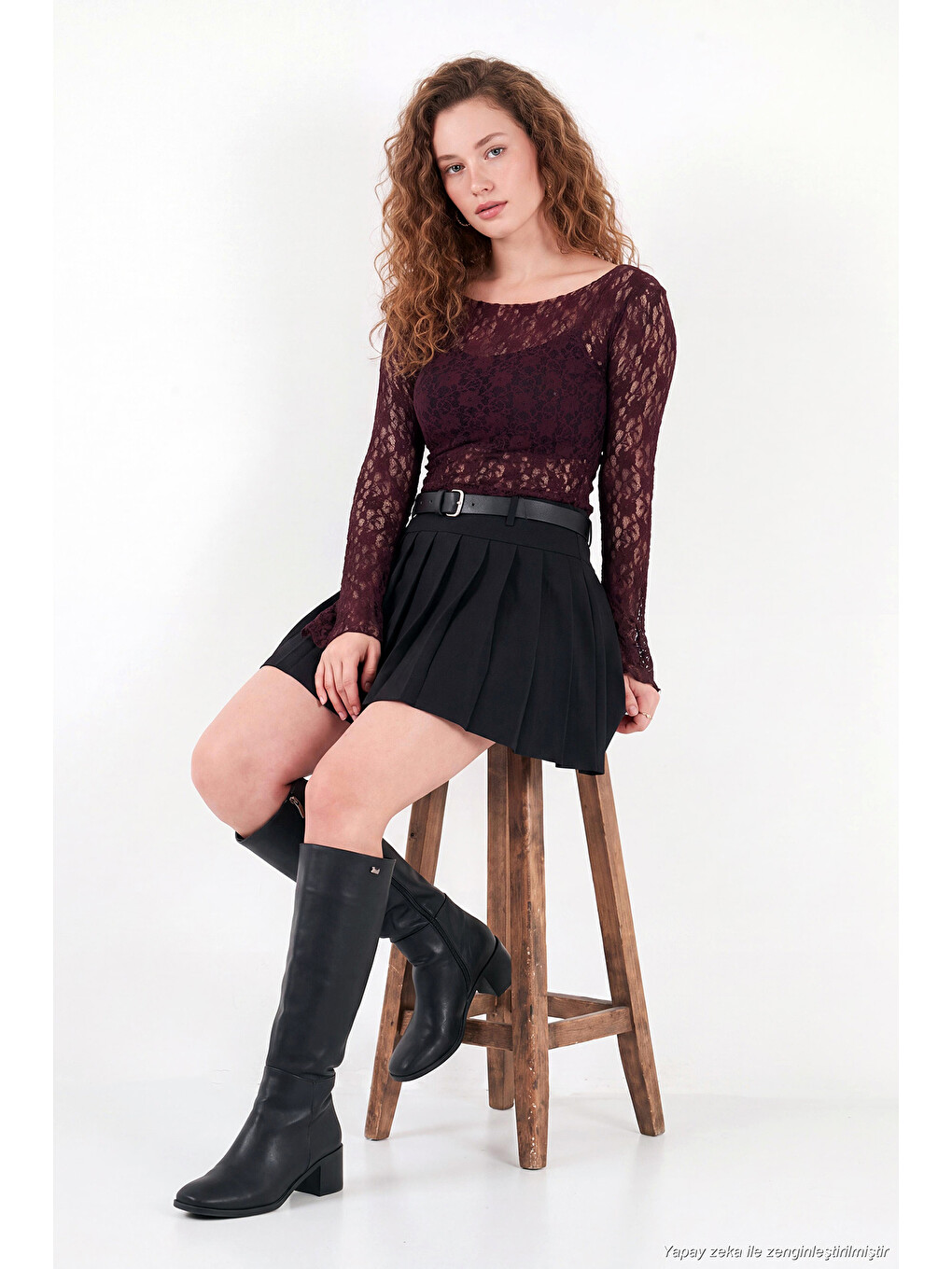 Bordo Çiçek Desen Dantelli Kayık Yaka Kadın Bluz 5867118-3