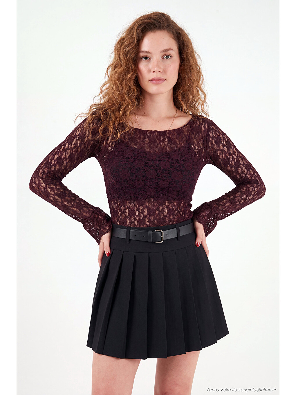 Bordo Çiçek Desen Dantelli Kayık Yaka Kadın Bluz 5867118-4