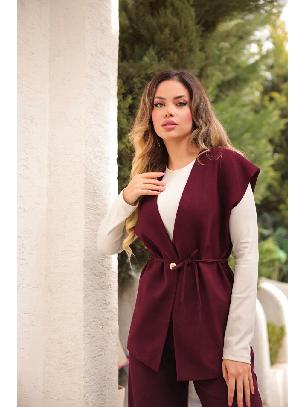 Bordo Kadın Uzun Yelek Bol Paça Palazzo Pantolon Yelekli Takım-3