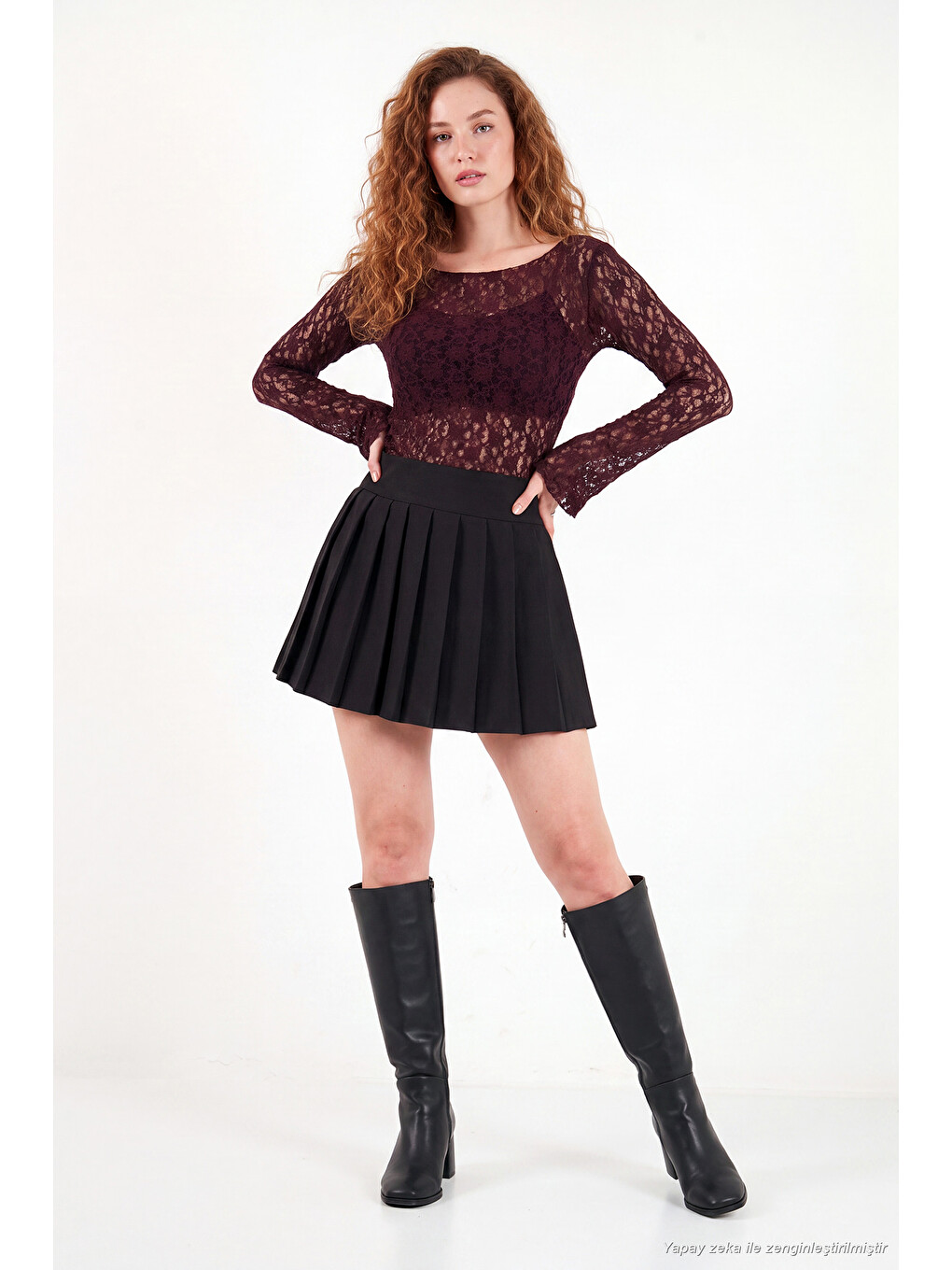 Bordo Çiçek Desen Dantelli Kayık Yaka Kadın Bluz 5867118-5