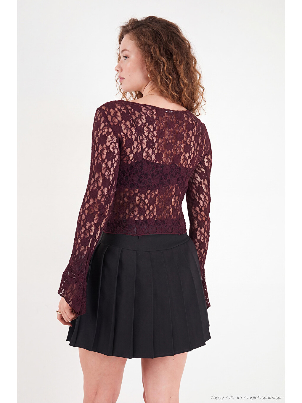 Bordo Çiçek Desen Dantelli Kayık Yaka Kadın Bluz 5867118-6