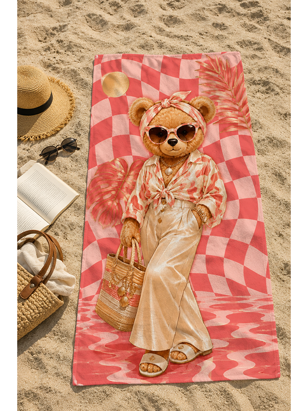 Yeşil Ayıcık Pembe Kareli Yaz Desenli 70x150 Plaj Havlusu-4