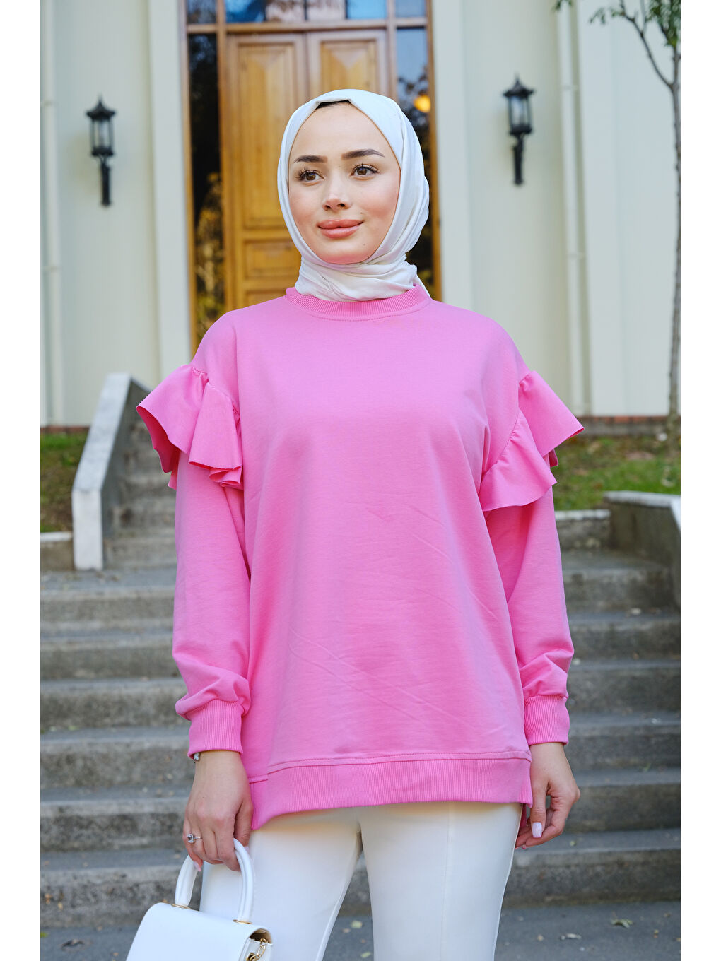 Locco Moda Pembe Kolu Fırfırlı Tunik Pembe