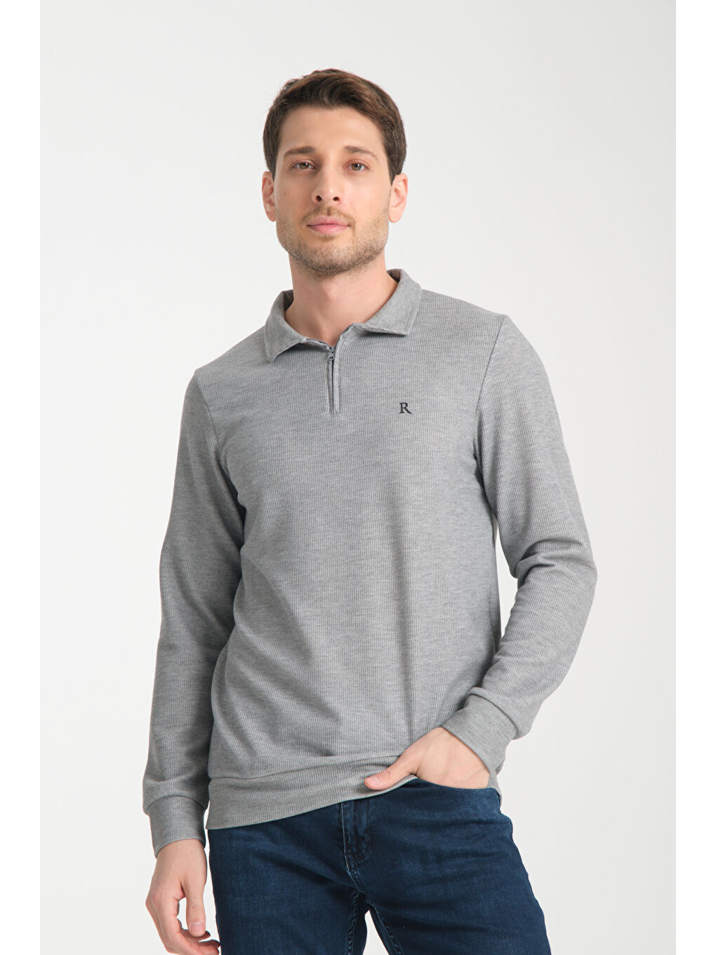 Gri Erkek Yarım Fermuarlı Uzun Kol Sweatshirt 7702