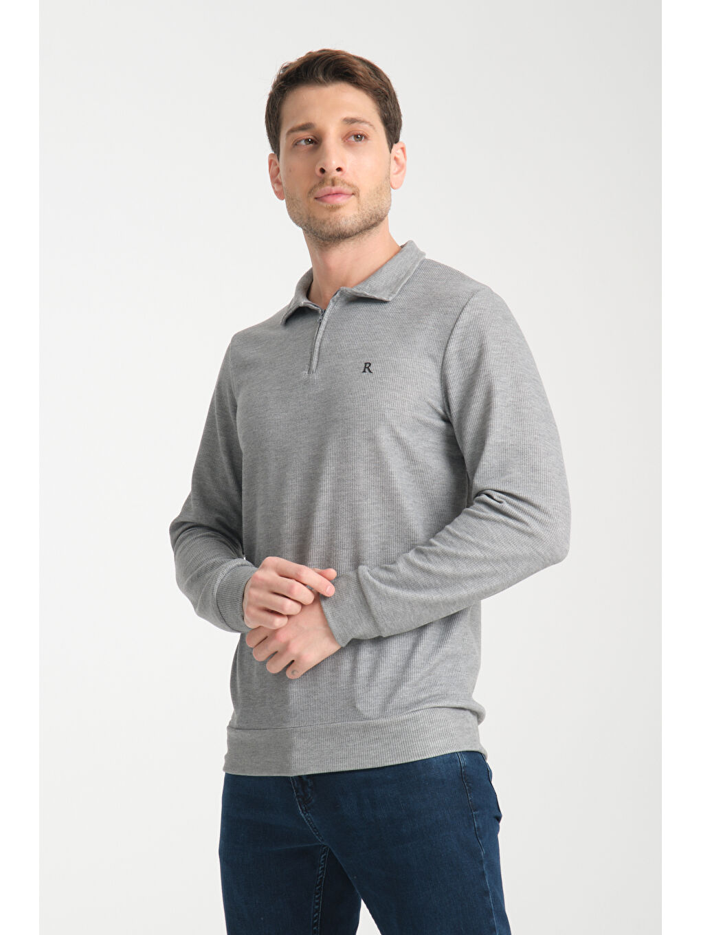 Gri Erkek Yarım Fermuarlı Uzun Kol Sweatshirt 7702-1
