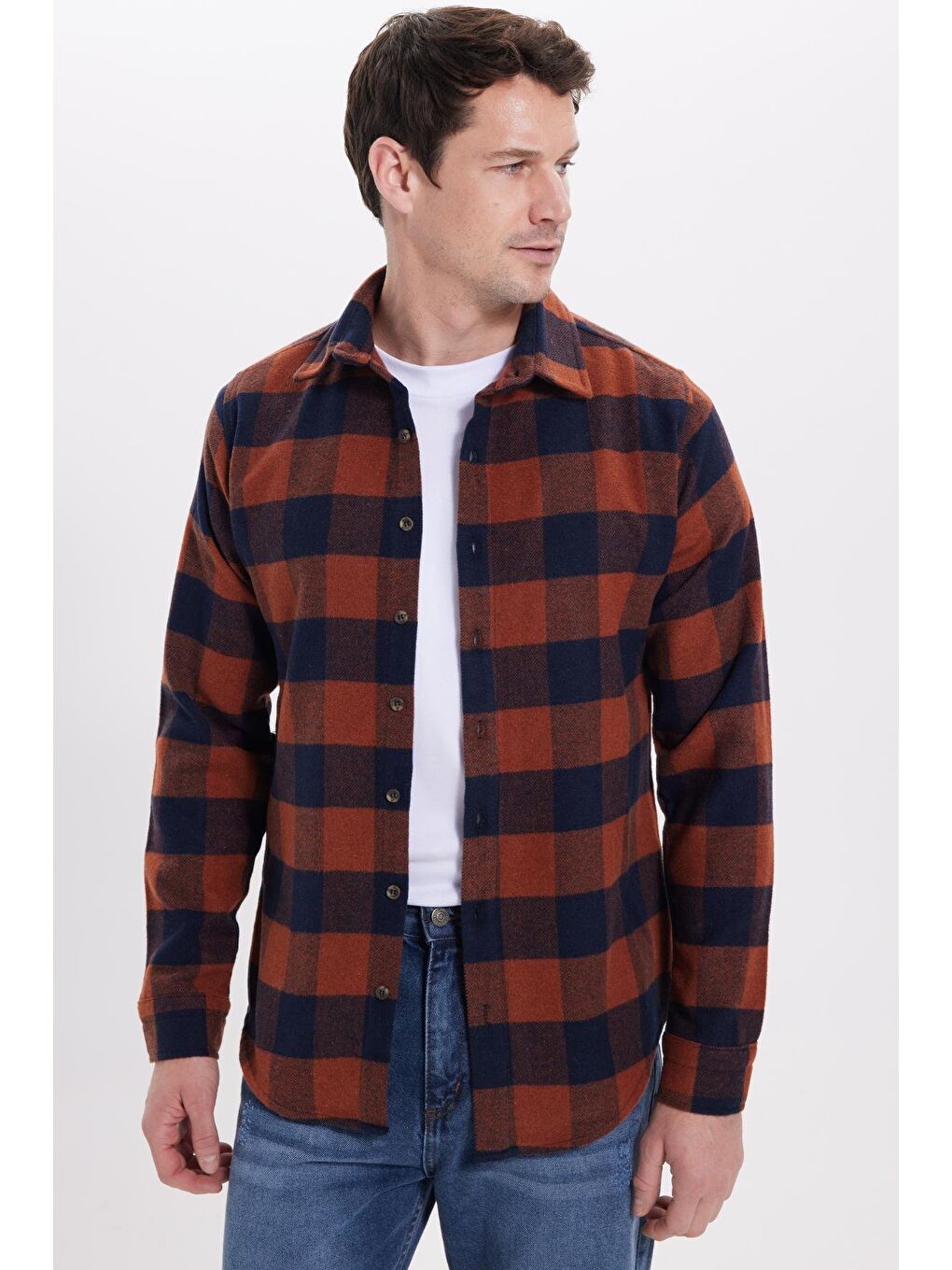 Kahverengi Erkek Slim Fit Dar Kesim Kareli Kışlık Oduncu Gömlek