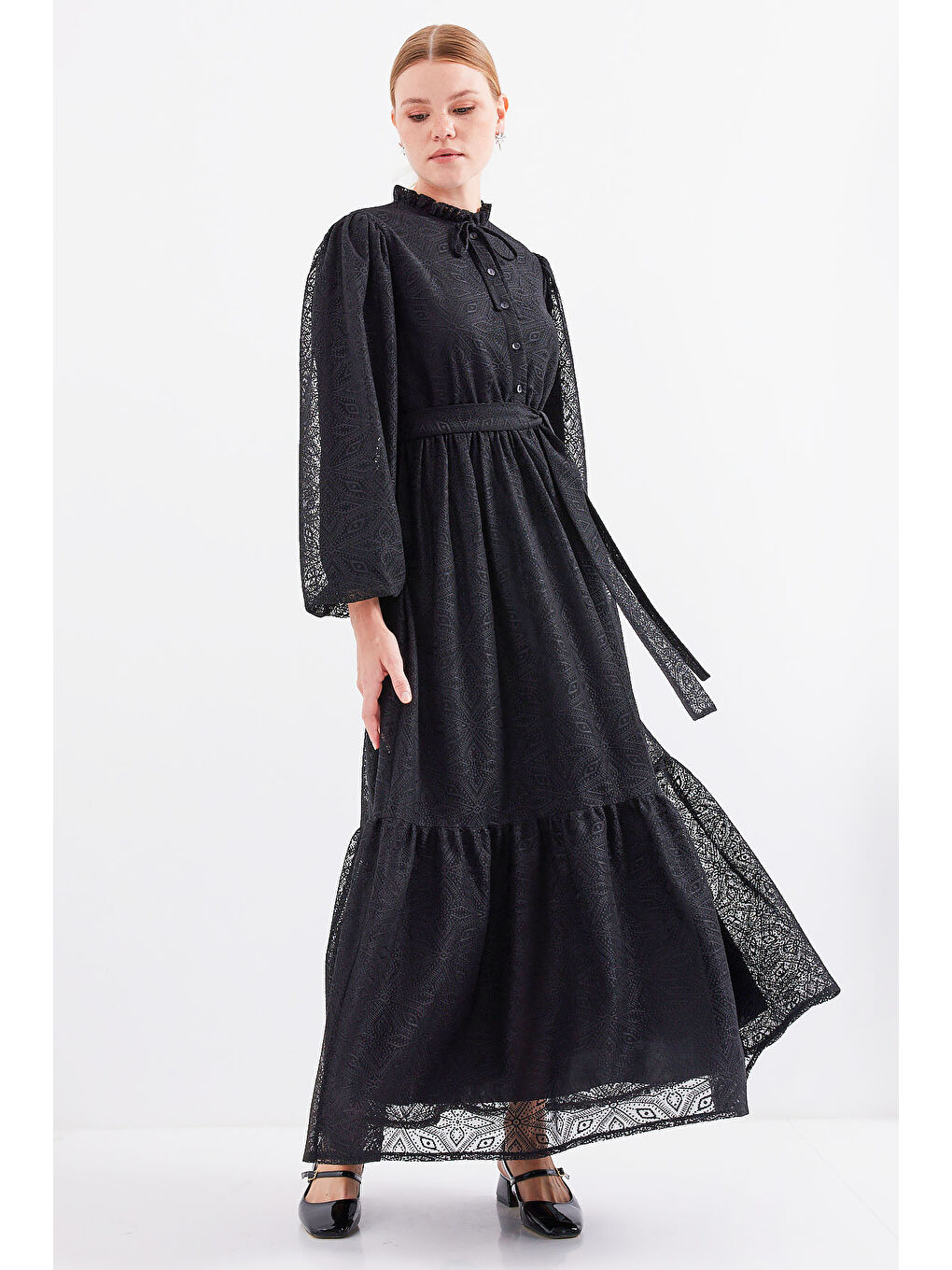 2509 Uzun Dantelli Tesettür Elbise - Siyah-2