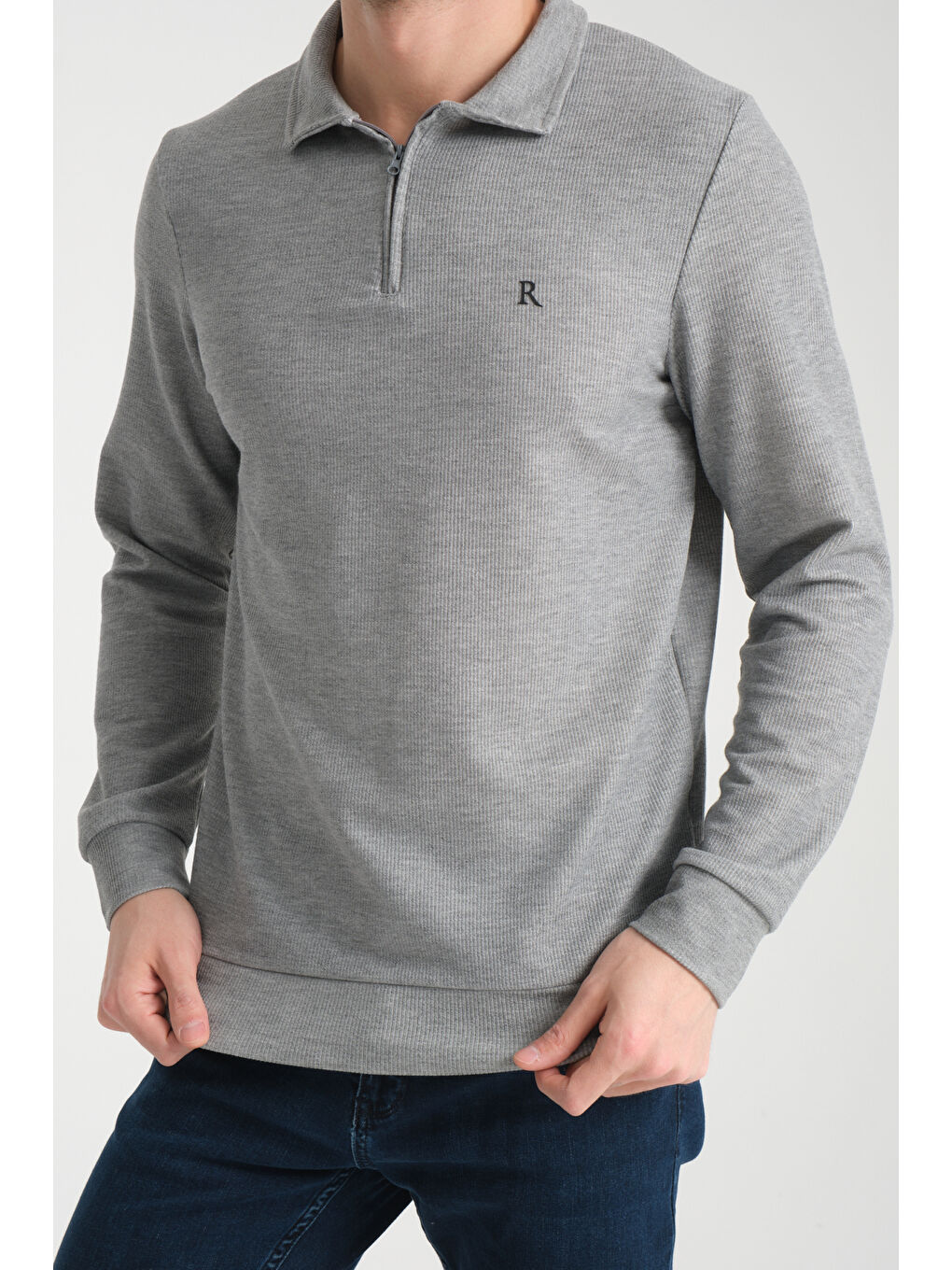 Gri Erkek Yarım Fermuarlı Uzun Kol Sweatshirt 7702-2