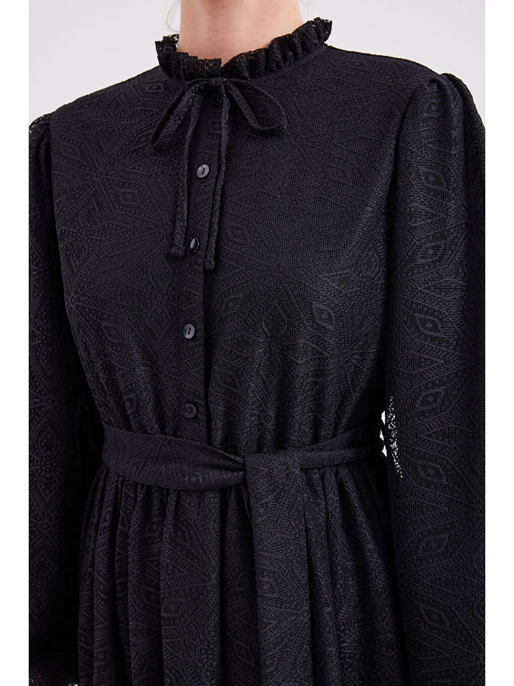 2509 Uzun Dantelli Tesettür Elbise - Siyah-5