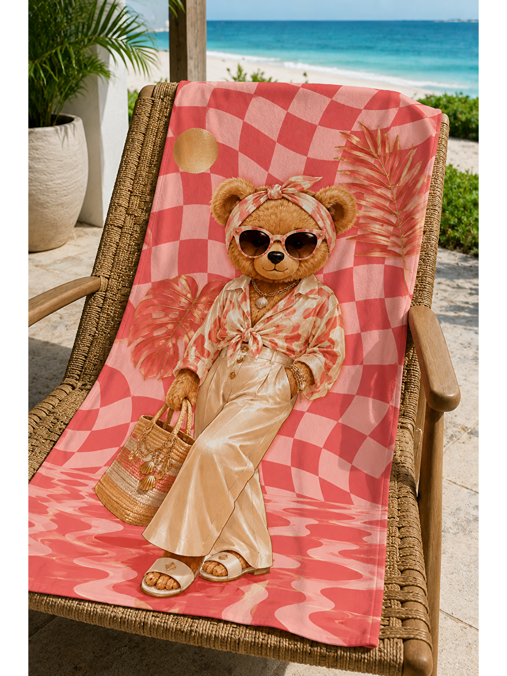 Yeşil Ayıcık Pembe Kareli Yaz Desenli 70x150 Plaj Havlusu-5