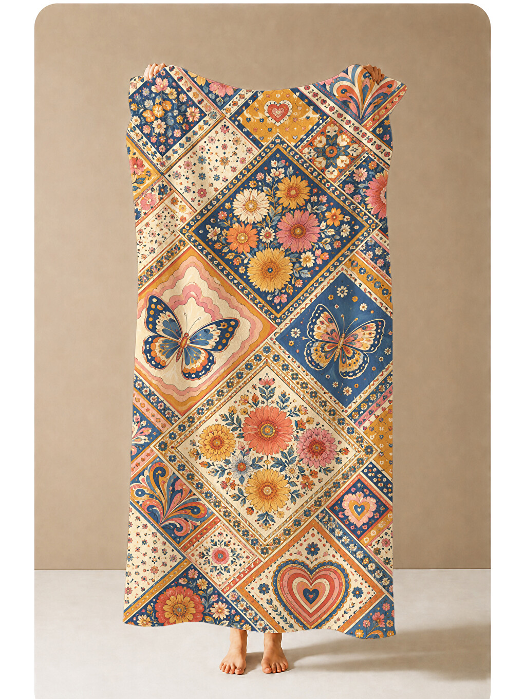 Pembe Bohem Patchwork Kalp Çiçek Ve Geometrik Desenli 70x150 Plaj Havlusu - Dijital Baskılı Banyo Havlusu