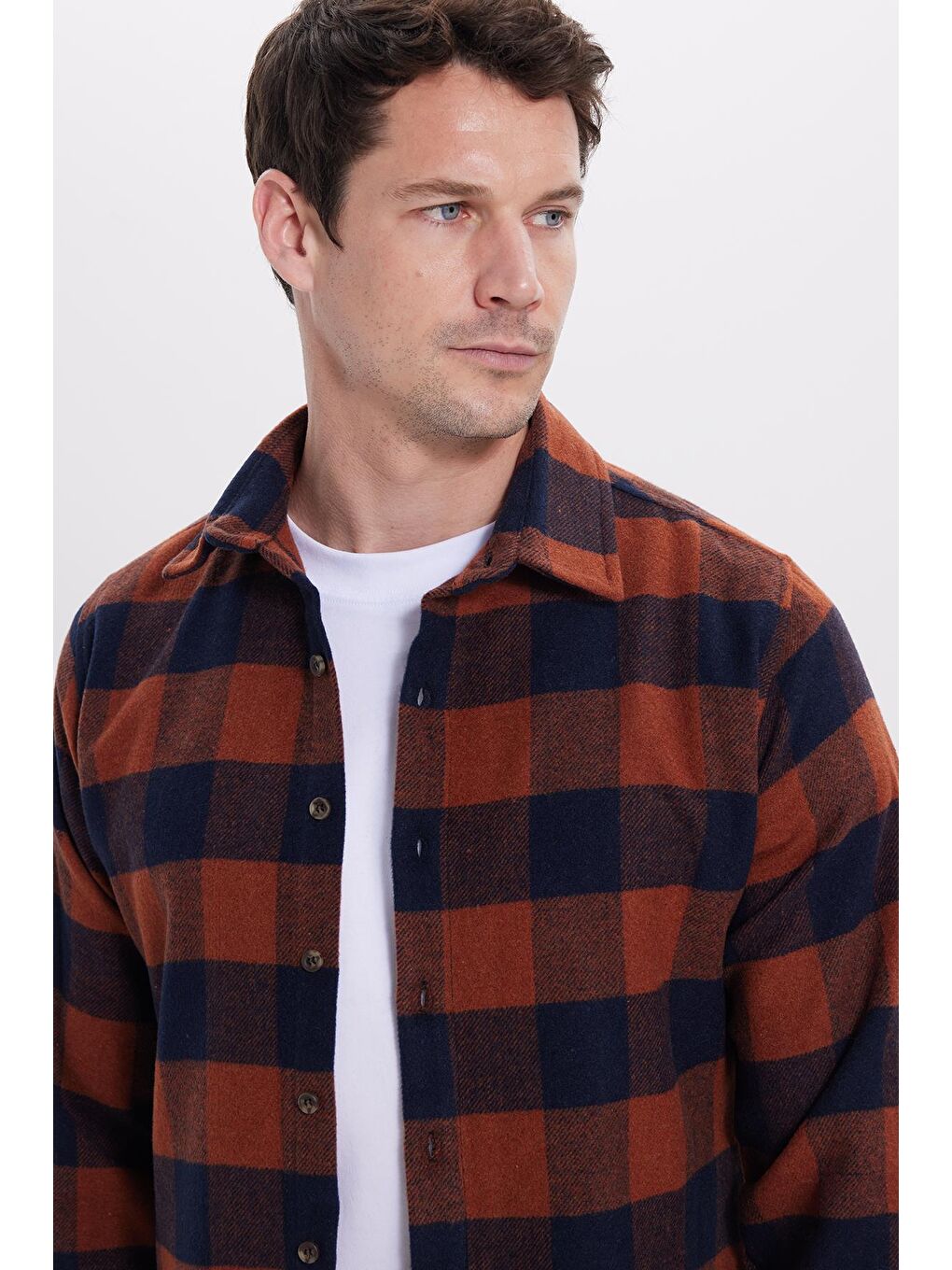 Kahverengi Erkek Slim Fit Dar Kesim Kareli Kışlık Oduncu Gömlek-1