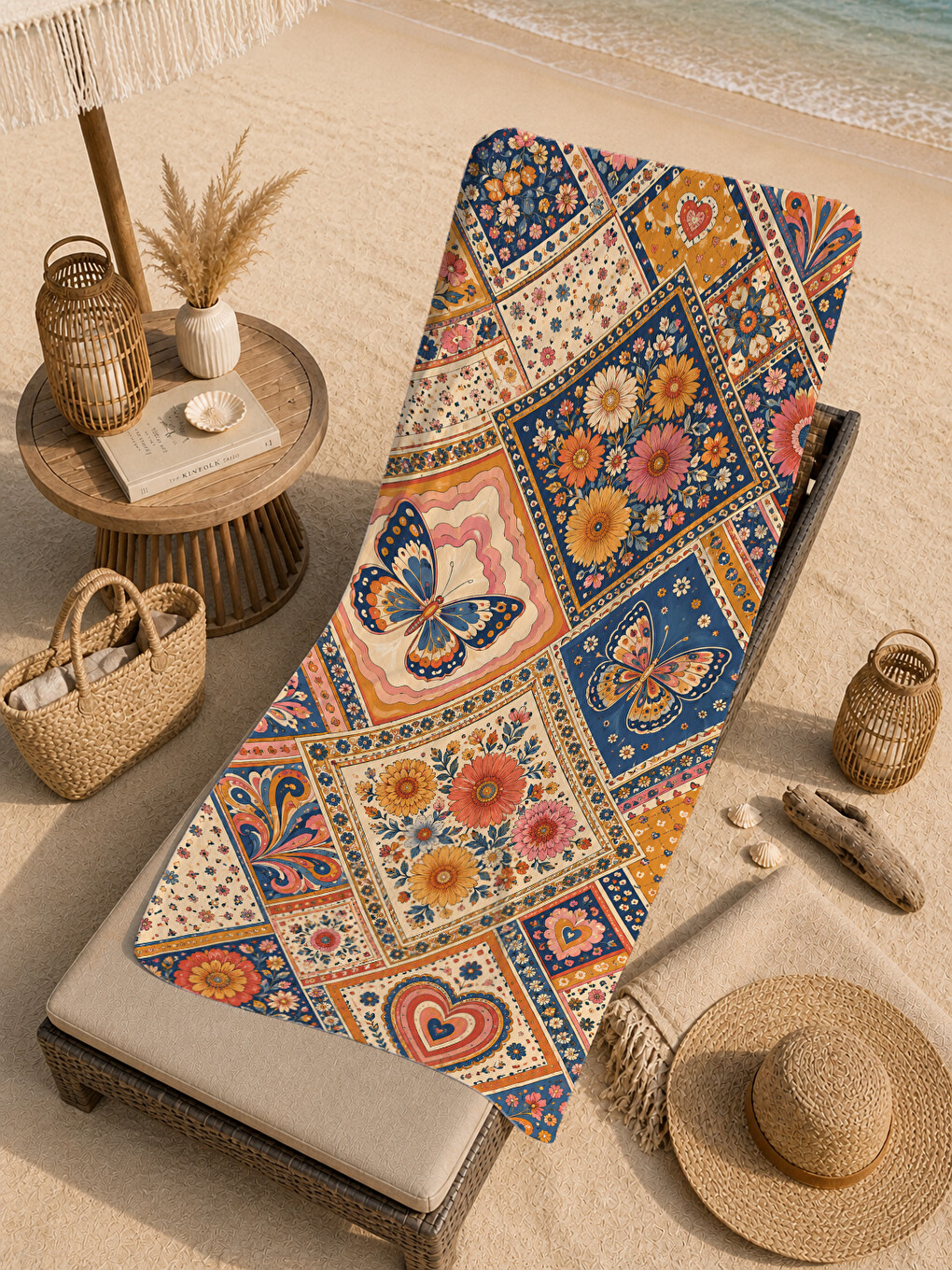 Pembe Bohem Patchwork Kalp Çiçek Ve Geometrik Desenli 70x150 Plaj Havlusu - Dijital Baskılı Banyo Havlusu-1