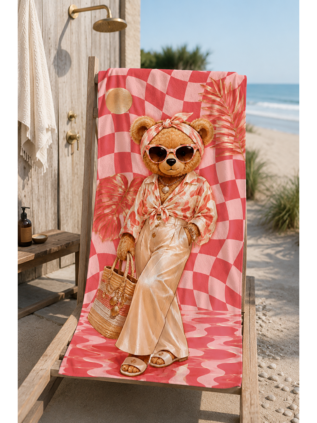 Yeşil Ayıcık Pembe Kareli Yaz Desenli 70x150 Plaj Havlusu-6