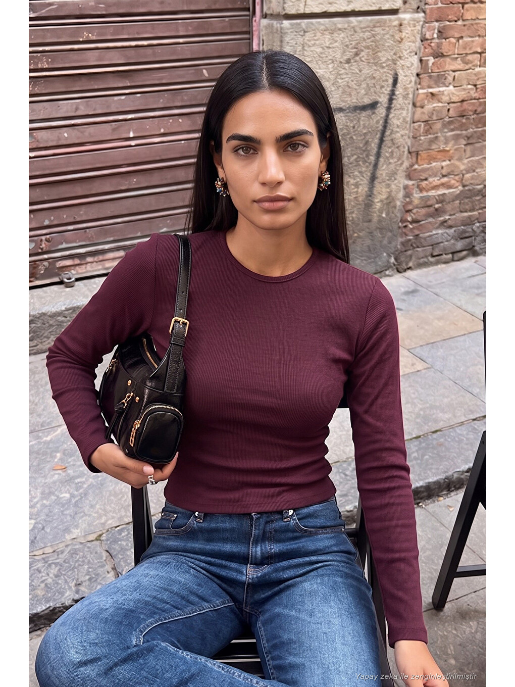 Mürdüm Pamuklu Bisiklet Yaka Crop Bluz 5867060