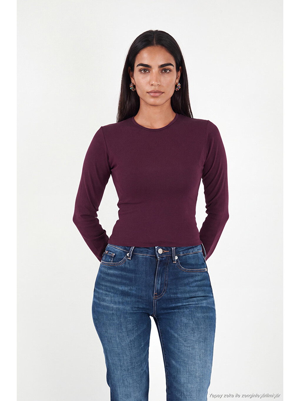 Mürdüm Pamuklu Bisiklet Yaka Crop Bluz 5867060-1