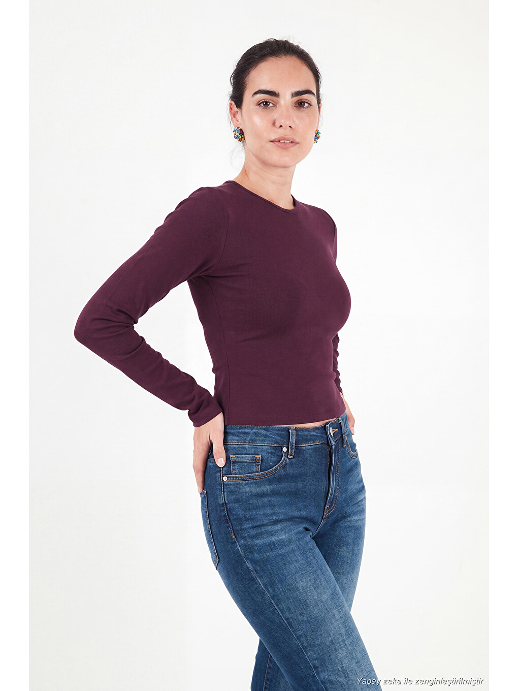 Mürdüm Pamuklu Bisiklet Yaka Crop Bluz 5867060-2