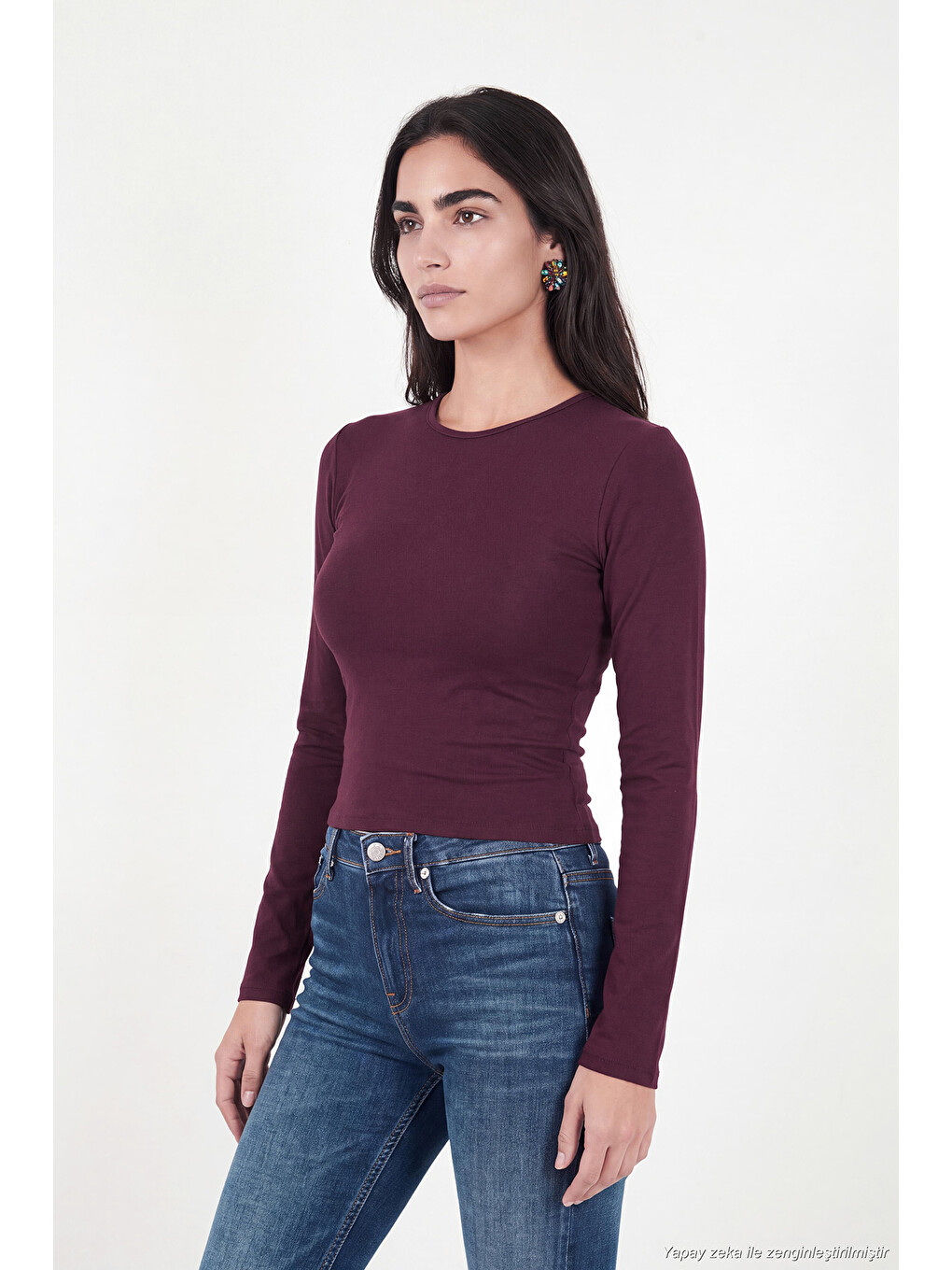 Mürdüm Pamuklu Bisiklet Yaka Crop Bluz 5867060-3