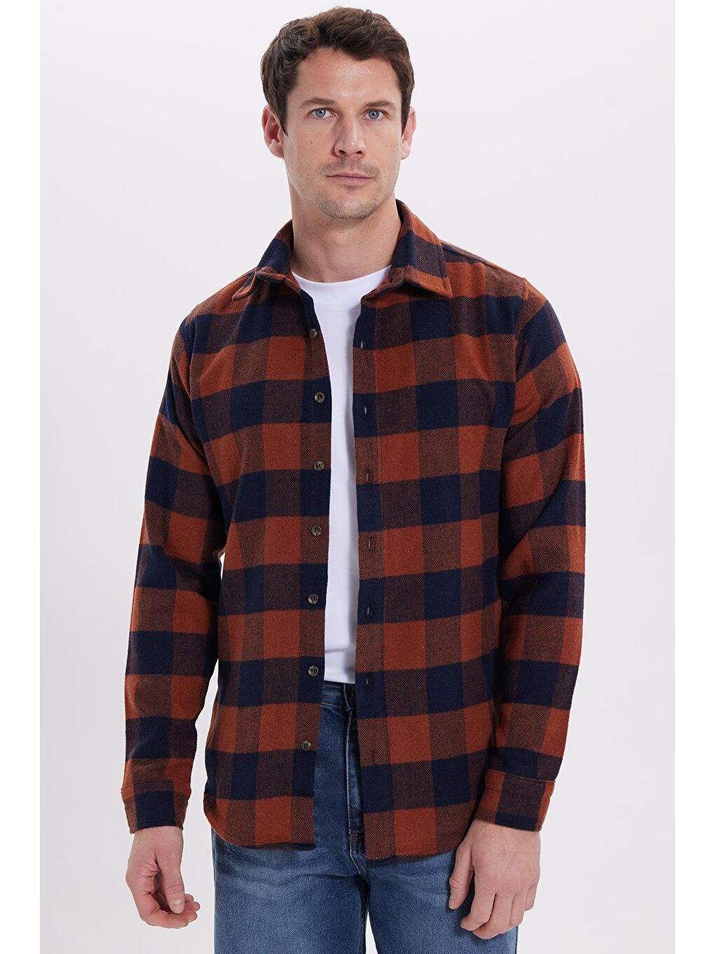Kahverengi Erkek Slim Fit Dar Kesim Kareli Kışlık Oduncu Gömlek-6