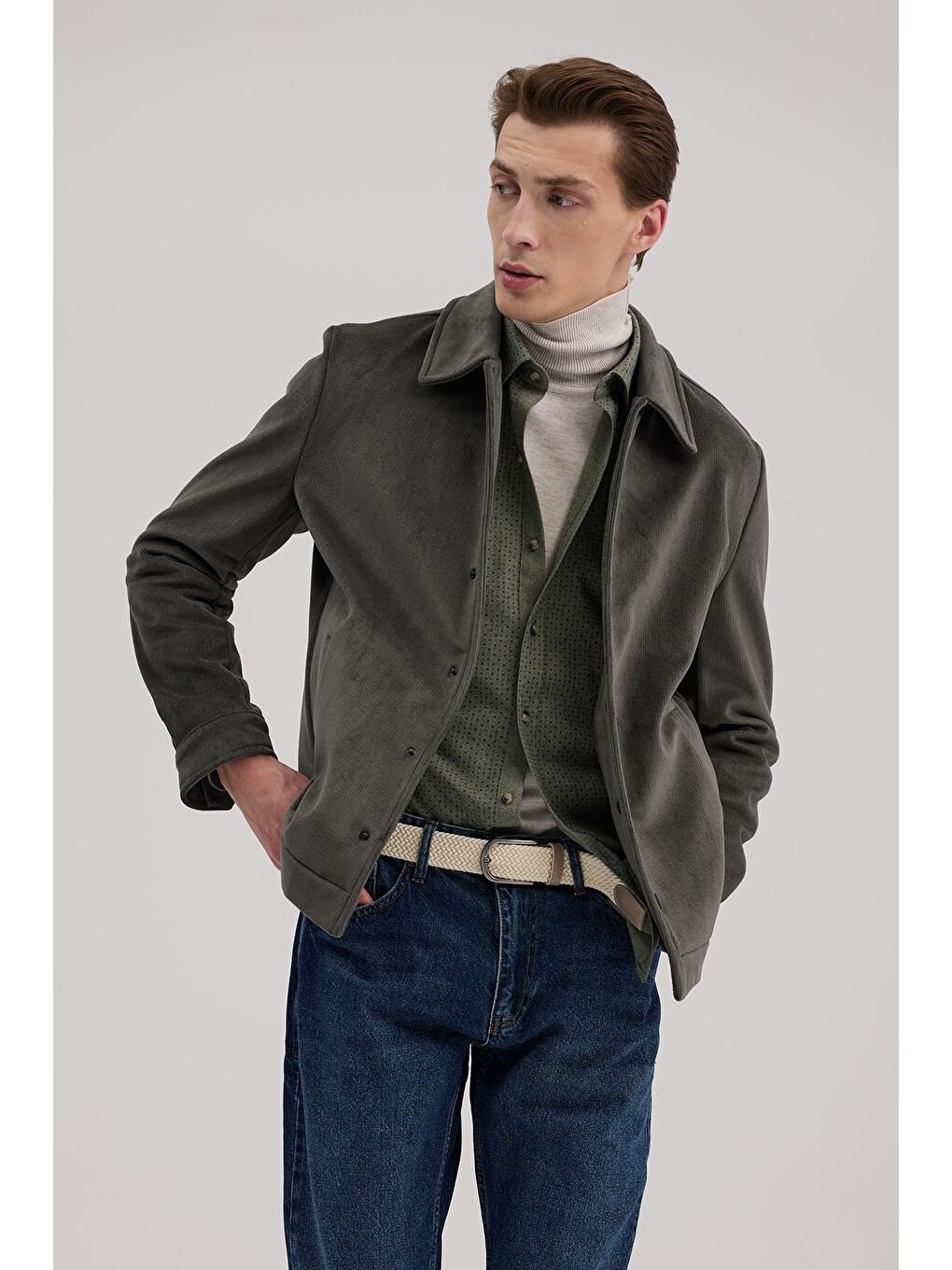 Haki Comfort Fit Klasik Yaka Kadife Mont-1