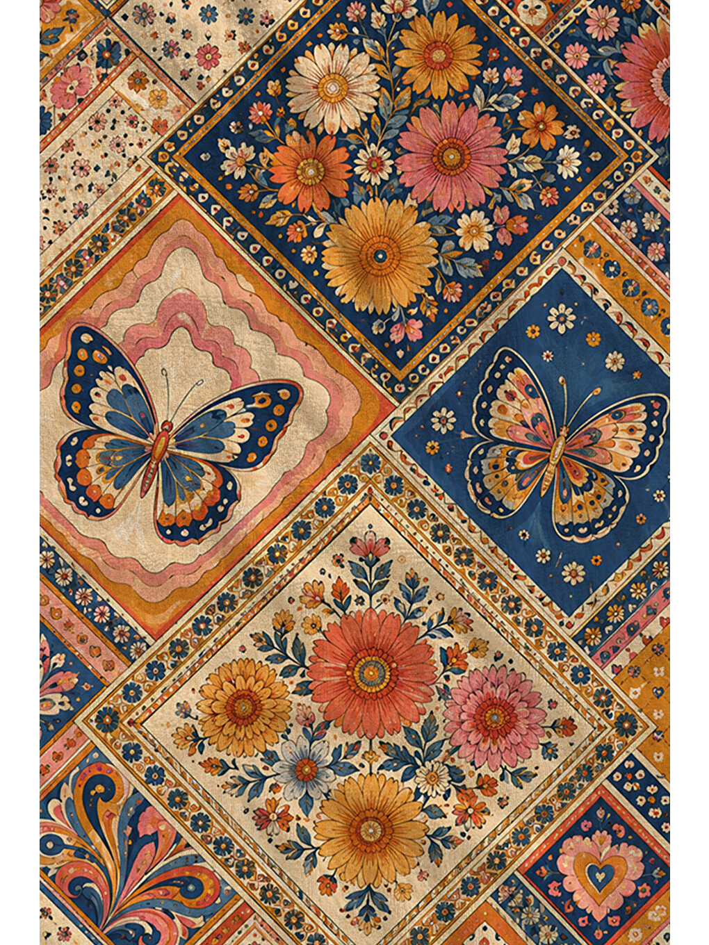 Pembe Bohem Patchwork Kalp Çiçek Ve Geometrik Desenli 70x150 Plaj Havlusu - Dijital Baskılı Banyo Havlusu-2