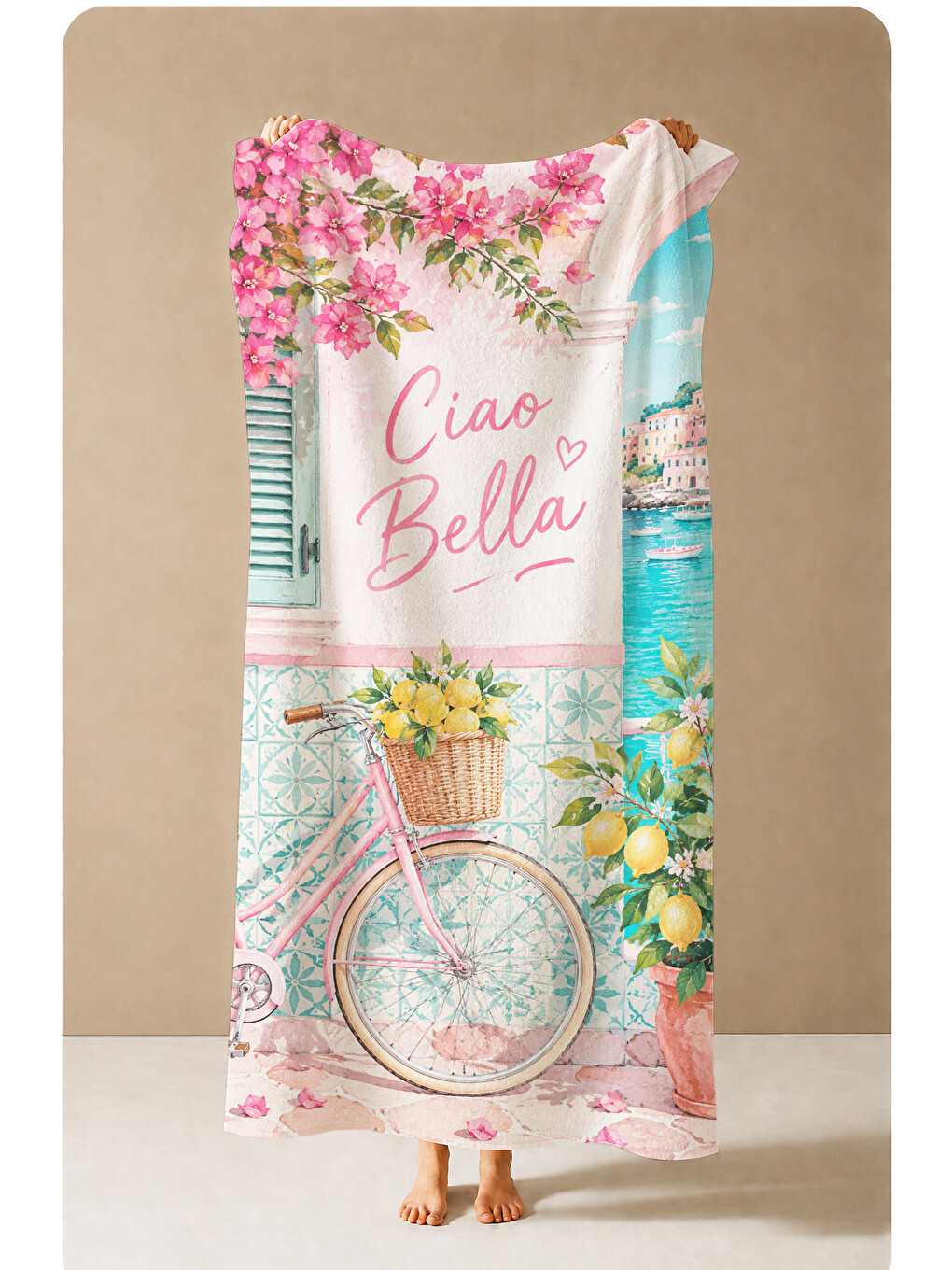 Pembe Vintage Ciao Bella Bisiklet Desenli 70x150 Plaj Havlusu - Dijital Baskılı Solmaz Banyo Havlusu