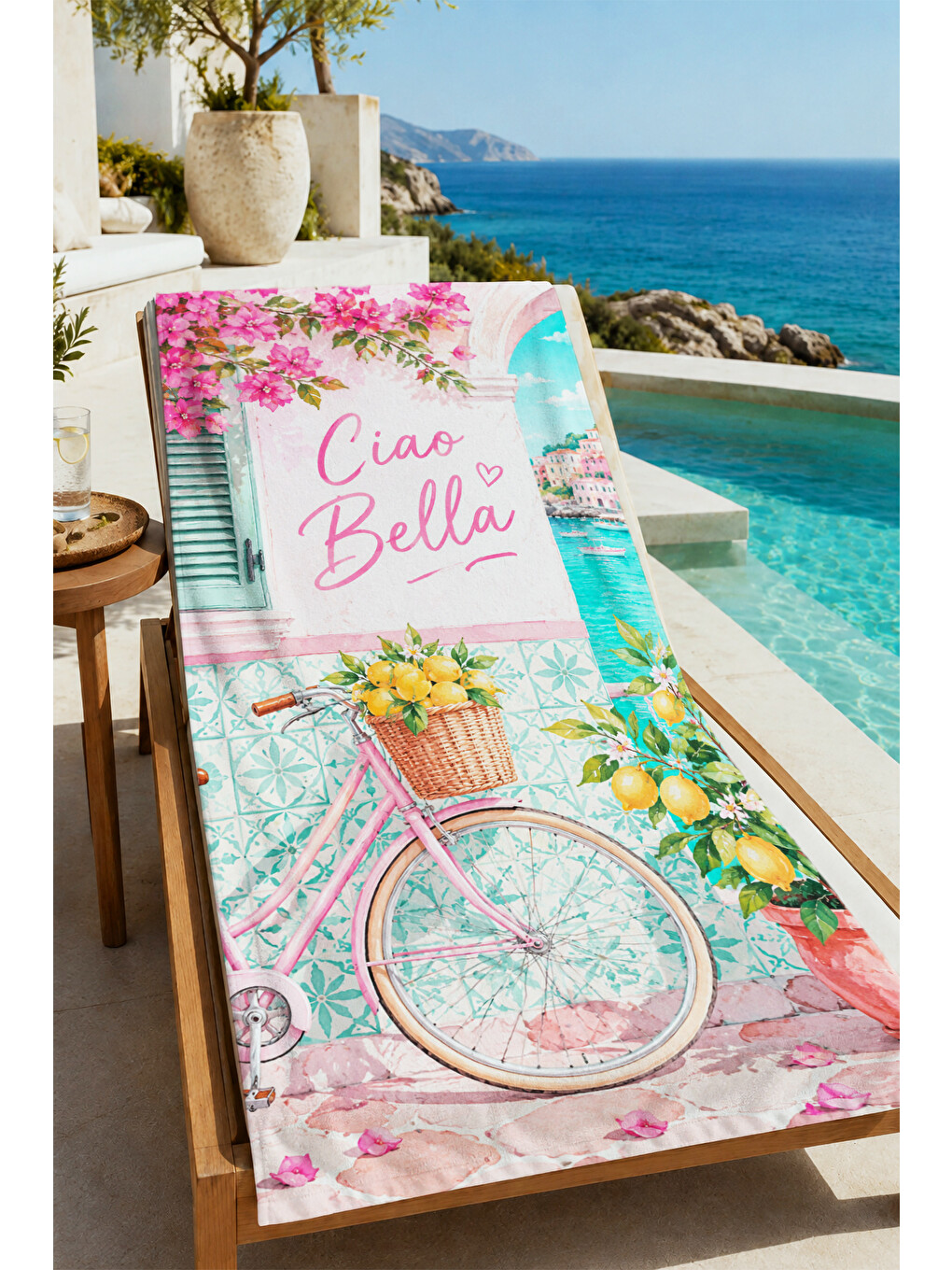 Pembe Vintage Ciao Bella Bisiklet Desenli 70x150 Plaj Havlusu - Dijital Baskılı Solmaz Banyo Havlusu-1