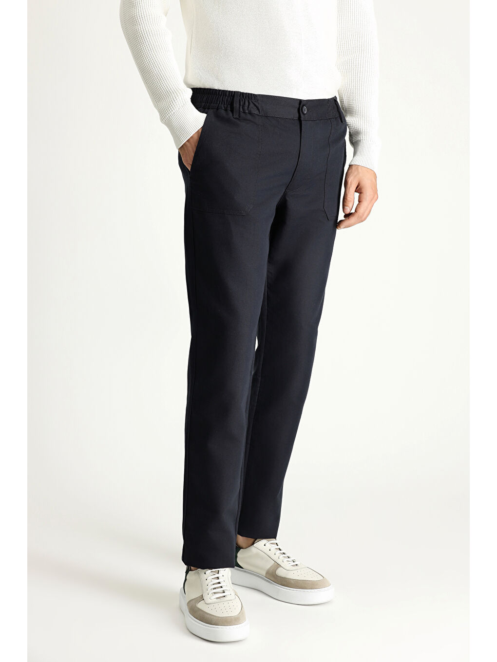 Lacivert Slim Fit Dar Kesim Beli Lastikli Keten Karışımlı Kanvas / Chino Pantolon-3