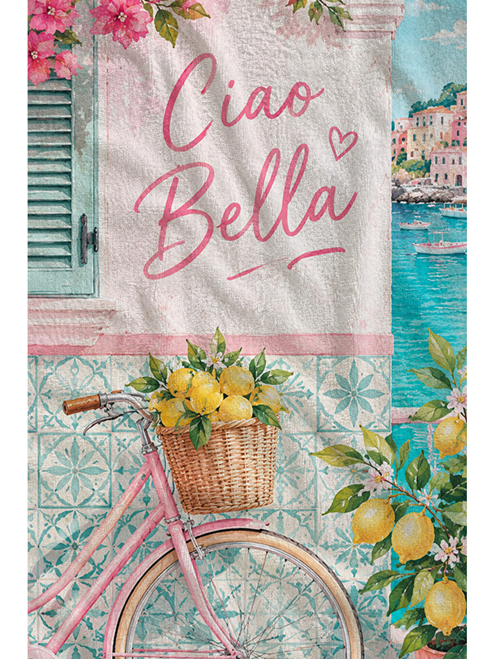 Pembe Vintage Ciao Bella Bisiklet Desenli 70x150 Plaj Havlusu - Dijital Baskılı Solmaz Banyo Havlusu-2