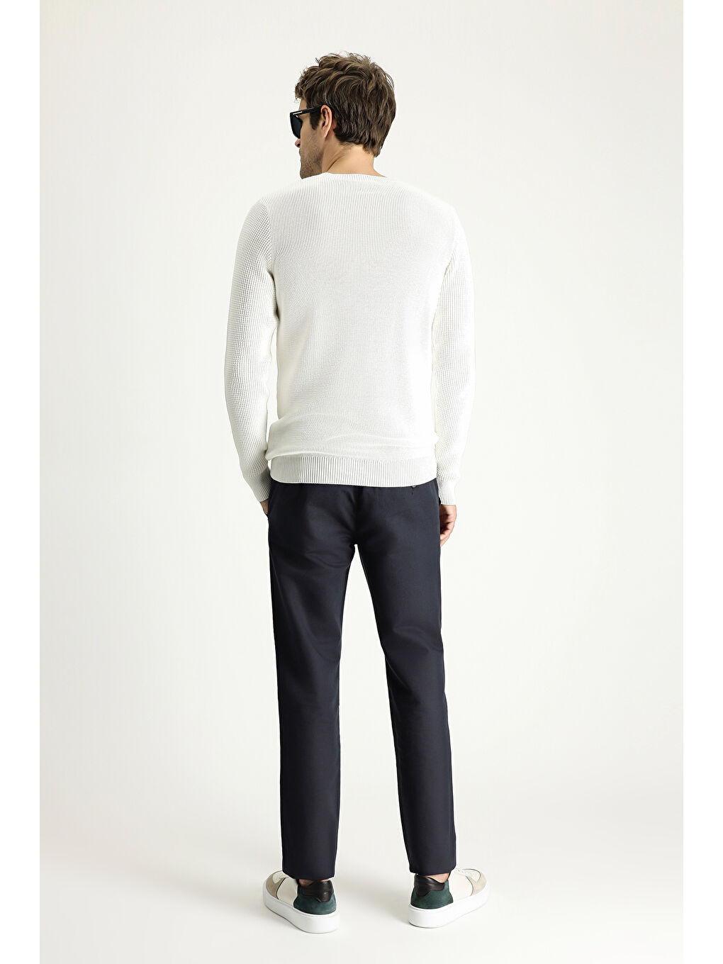 Lacivert Slim Fit Dar Kesim Beli Lastikli Keten Karışımlı Kanvas / Chino Pantolon-4